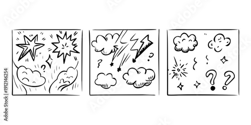 A collection of three distinct and abstract line drawings depicting nature and thought processes. Vector