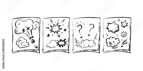 A series of four drawings depicting various abstract and recognizable shapes and objects. Vector