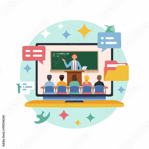 A teacher is lecturing students in a virtual classroom on a laptop screen with a blackboard and chat bubbles around it