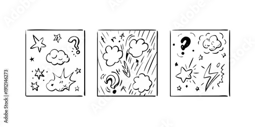 Three distinct black and white sketches showcasing abstract art concepts Vector