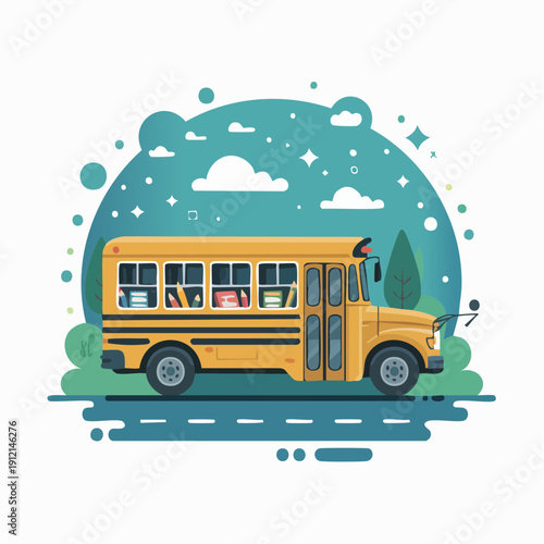 A vibrant yellow school bus driving on a road surrounded by lush greenery and fluffy clouds, a scenic view from the side.