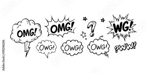A series of comic book style speech bubbles with various expressions and sounds. Vector