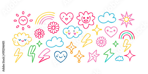 A vibrant and colorful illustration of various icons representing love and affection. Vector
