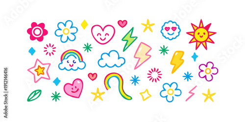 A vibrant collection of diverse and colorful stickers scattered across a white background Vector