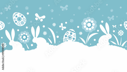 A whimsical illustration of a blue sky filled with various flowers and butterflies Vector