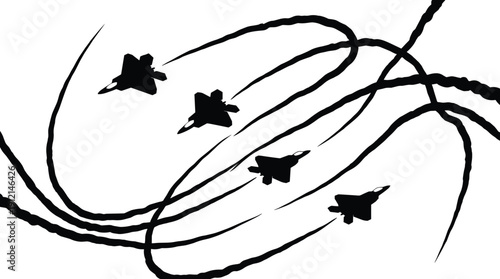 Fighter jet formation vector illustration, black silhouette military aircraft design with bold contrails, synchronized flight paths, and aviation artwork
