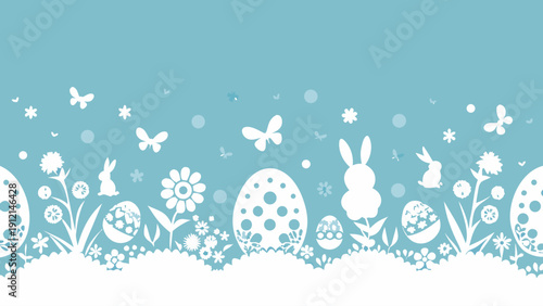A whimsical illustration of a spring landscape with bunnies and butterflies Vector
