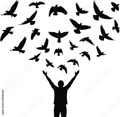 Black vector silhouette of a man with arms raised releasing a flock of flying birds into the air for freedom peace and hope,