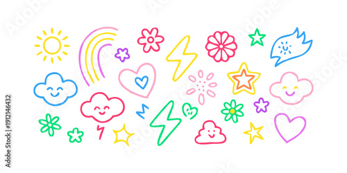 A delightful collection of colorful stickers featuring various shapes and designs. Vector
