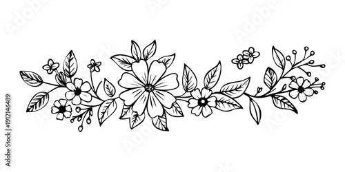 A delicate and intricate black and white floral arrangement with various flowers and leaves Vector