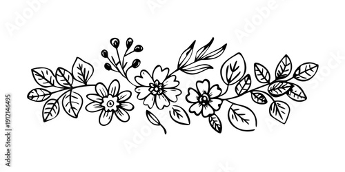 Intricate black and white floral design with leaves and buds in a symmetrical pattern Vector