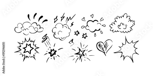 A variety of cartoon-style explosion and impact sound effect symbols. Vector