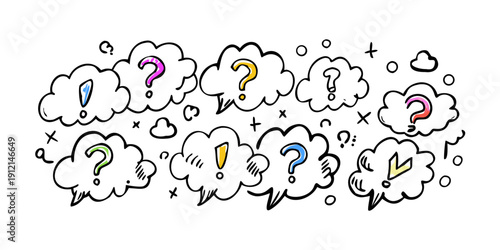 A whimsical illustration of various cloud shapes with playful elements. Vector