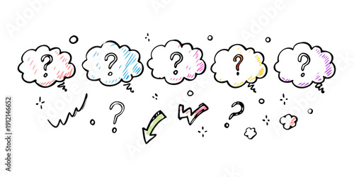 A series of thought bubbles with question marks and gestures indicating confusion or uncertainty Vector