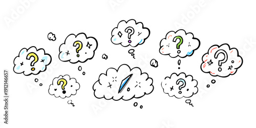 A whimsical illustration of various clouds with unique expressions and shapes Vector