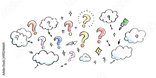 A diverse collection of colorful light bulbs and clouds with various expressions and ideas. Vector