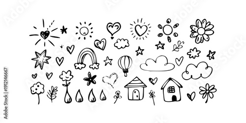 A delightful assortment of whimsical doodles featuring various objects and creatures Vector