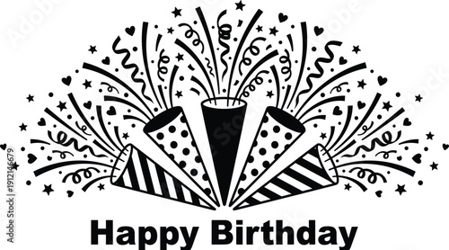 Happy Birthday festive vector illustration, celebration design with party poppers, streamers, stars, hearts, and bold greeting text