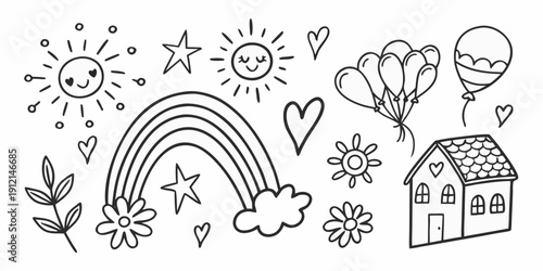 A whimsical illustration of a colorful sky with rainbows, clouds, and floating objects Vector