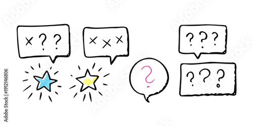 A comic strip featuring three speech bubbles with question marks and an explosion. Vector