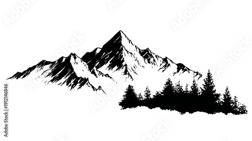 Black and white hand-drawn illustration of majestic mountain range with a dense pine forest, perfect for wilderness and adventure themes.