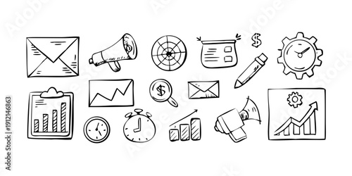 Collection of icons representing various office and business activities and tasks. Vector