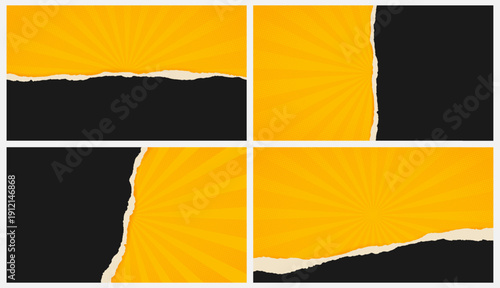 Background with realistic torn, ripped black paper with uneven edge on bright yellow groovy backdrop with dots, rays. Frame, template, text box for banner sale, retro collage. Vector EPS10