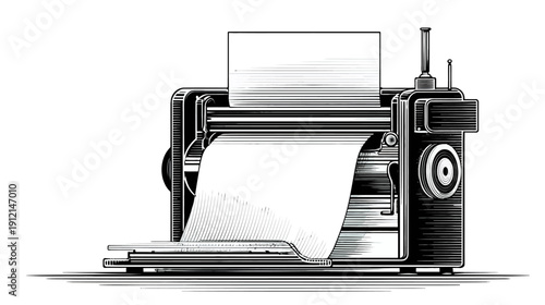 Vintage retro teletype printer machine with paper output, old industrial technology device, isolated on white background.