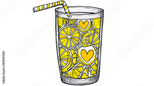 Hand-drawn illustration of a refreshing lemonade drink with lemon slices and decorative hearts in a tall glass with a striped straw.
