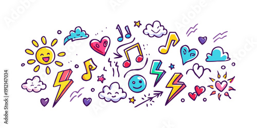 Colorful illustration of various objects and shapes in a playful arrangement Vector