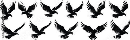 Eagle silhouette vector illustration set, black flying bird design with dynamic swooping poses, freedom artwork, and powerful animal graphicsEagle silhouette vector illustration 