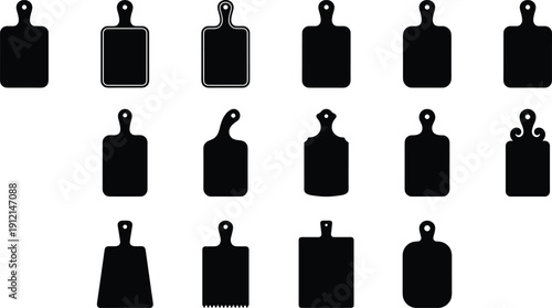 Cutting board silhouette set with ornate and modern handle variations for kitchenware theme - flat vector illustration
