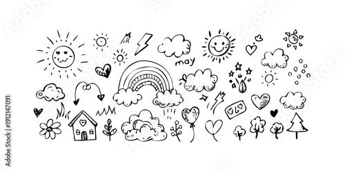 A diverse collection of black and white icons representing various objects and activities Vector