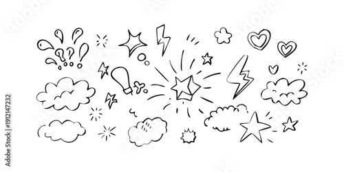 A whimsical illustration of various floating objects and shapes in a dreamy atmosphere Vector