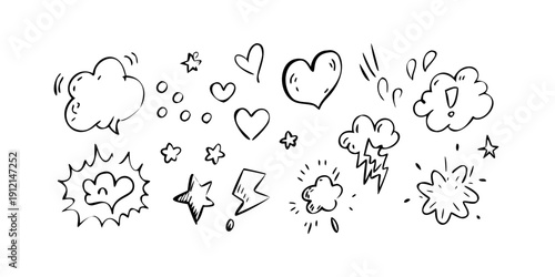 A delightful array of diverse and whimsical cloud illustrations in black and white. Vector