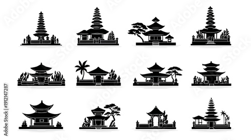 Traditional Asian Temple Silhouettes Set - Ancient Balinese Style Architecture Icons for Culture, Religion, and Travel Design