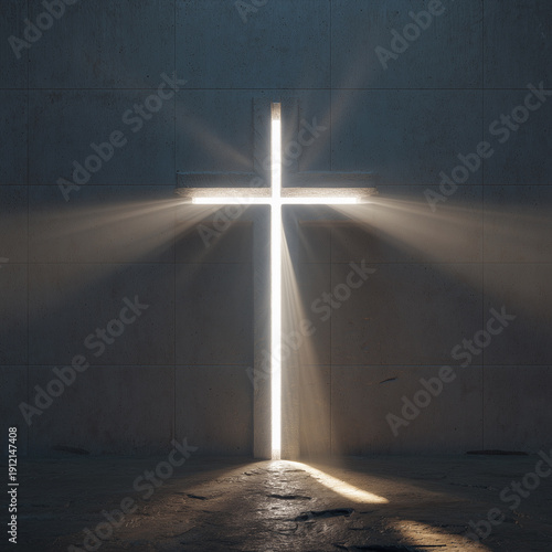 Wallpaper Mural Glowing white cross with radiant light rays on dark stone wall in church interior Torontodigital.ca