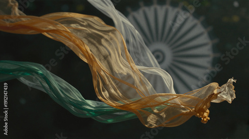 A translucent flag is shown waving dynamically against a pale blue sky.