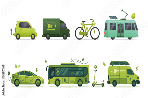 Green energy sustainability vehicle illustration featuring electric cars, buses, bicycles, vans and urban clean transport systems in modern vector design
