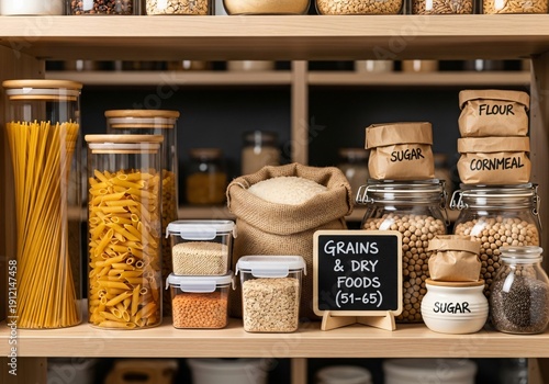 Variety of grains and dry foods on wooden shelf