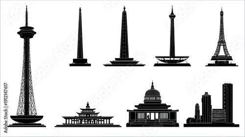 Vector Silhouettes of Iconic Buildings, Observation Towers, Monuments, and Historical Architecture - City Landmarks Collection