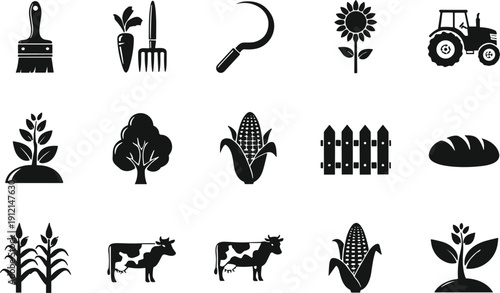 Agriculture and farming icon vector set, rural tool silhouette artwork collection, decorative crop motif, livestock design, botanical nature pattern