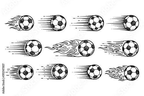 Soccer balls in motion with dynamic effects, black and white vector illustration