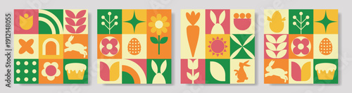 Modern Easter banner with panels depicting bunnies eggs tulips sun and cake icons