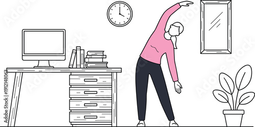 Office worker stretching beside desk with computer and clock, wellness and productivity lifestyle theme - flat vector illustration