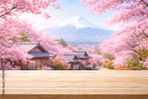 Wallpaper Mural Japan spring with empty wooden table top in front, blurred sakura blossom background  Torontodigital.ca
