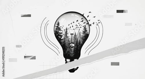 Forest landscape inside a glowing lightbulb with flying birds Vector