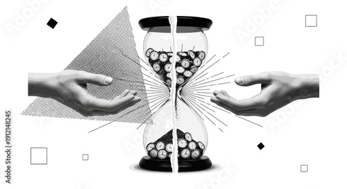 Hands manipulate broken hourglass with clocks and geometric shapes around