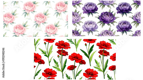 Floral pattern illustration set featuring seamless rose peony and wild flowers in romantic botanical repeat designs for fabric wallpaper decor printing.