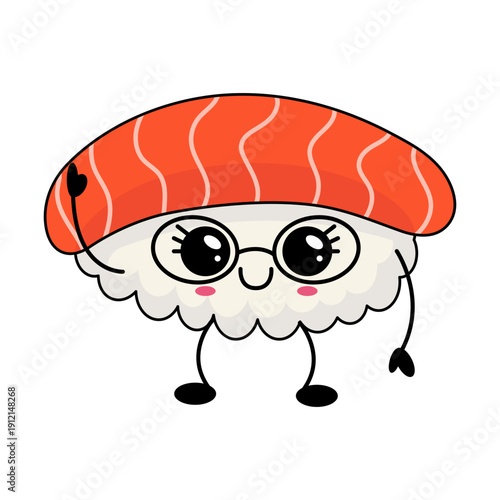 Cute Salmon Sushi Character waving his hand, wearing glasses